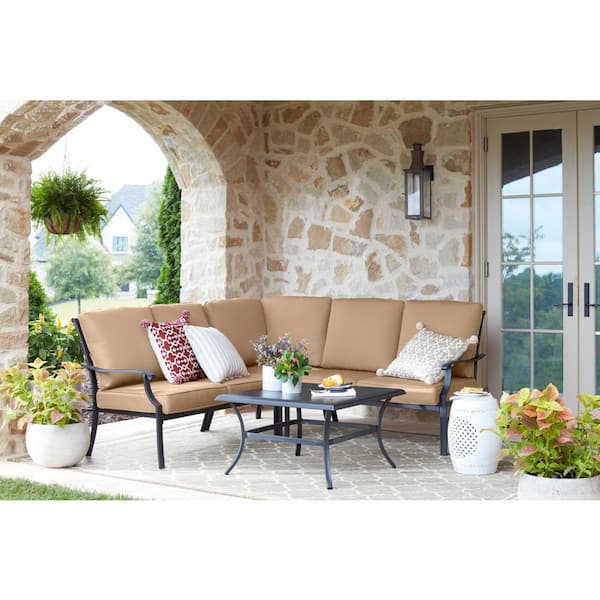 Hampton Bay Redwood Valley Black 4-Piece Steel Outdoor Patio Sectional Sofa Set with Sunbrella Beige Tan Cushions