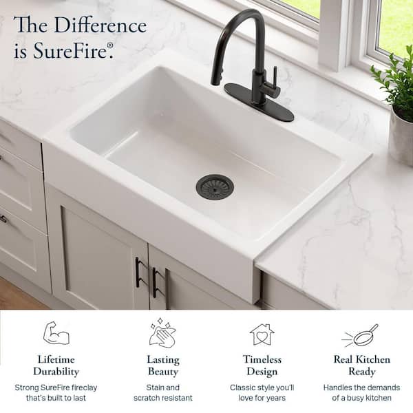 Josephine 34 in. 3-Hole Quick-Fit Farmhouse/Apron-Front Drop-In Single Bowl Crisp White Fireclay Kitchen Sink