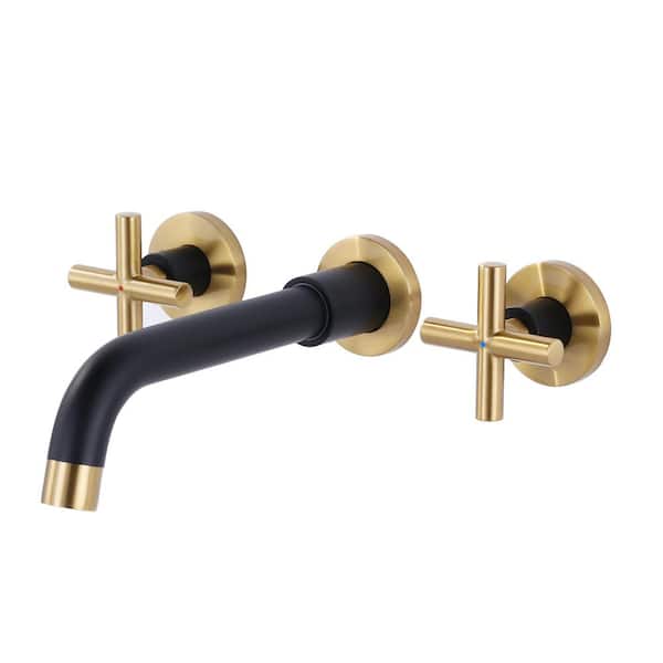 WOWOW Double Handle Wall Mounted Bathroom Faucet in Black and Gold, Swivel Spout Basin Faucet with Rough-in Valve