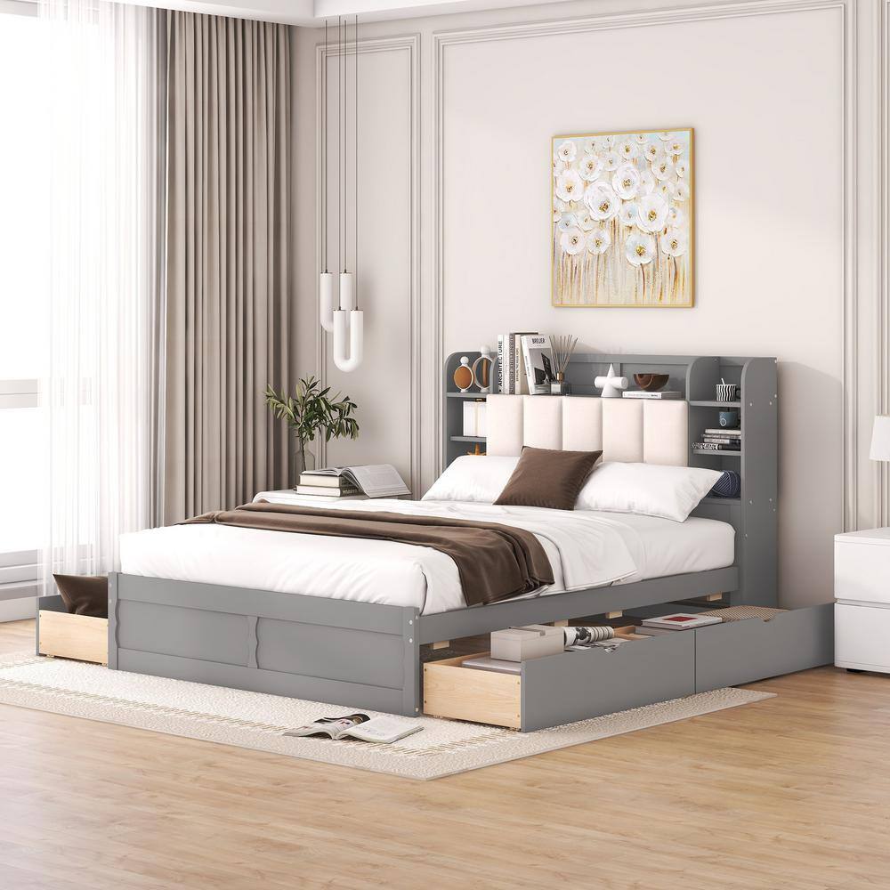 Qualler Gray Wood Frame Queen Size Platform Bed with Storage Headboard ...