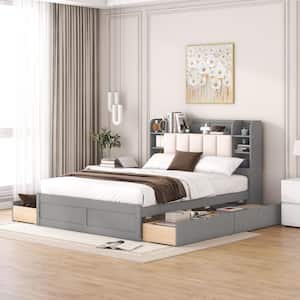 Gray Wood Frame Queen Size Platform Bed with Storage Headboard and Drawers