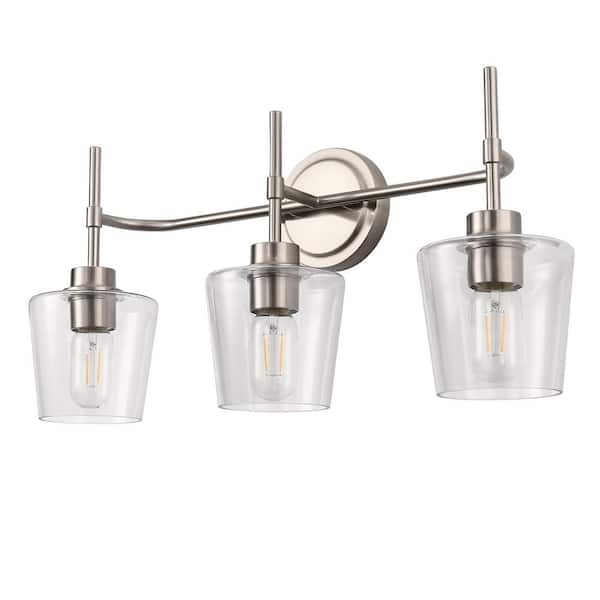 22 in. 3-Light Brushed Nickel Bathroom Vanity Light with Clear Glass Shade Perfect for Vanity Powder Room Dressing Room