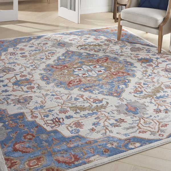 8 ft. x 10 ft. Ivory and Blue Floral Non Skid Area Rug