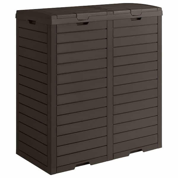 Tozey 32.7 in. W x 18.7 in. D x 34.3 in. H Brown Dual PP Resin Hideaway with Lid and Drip Tray Trash Can Storage