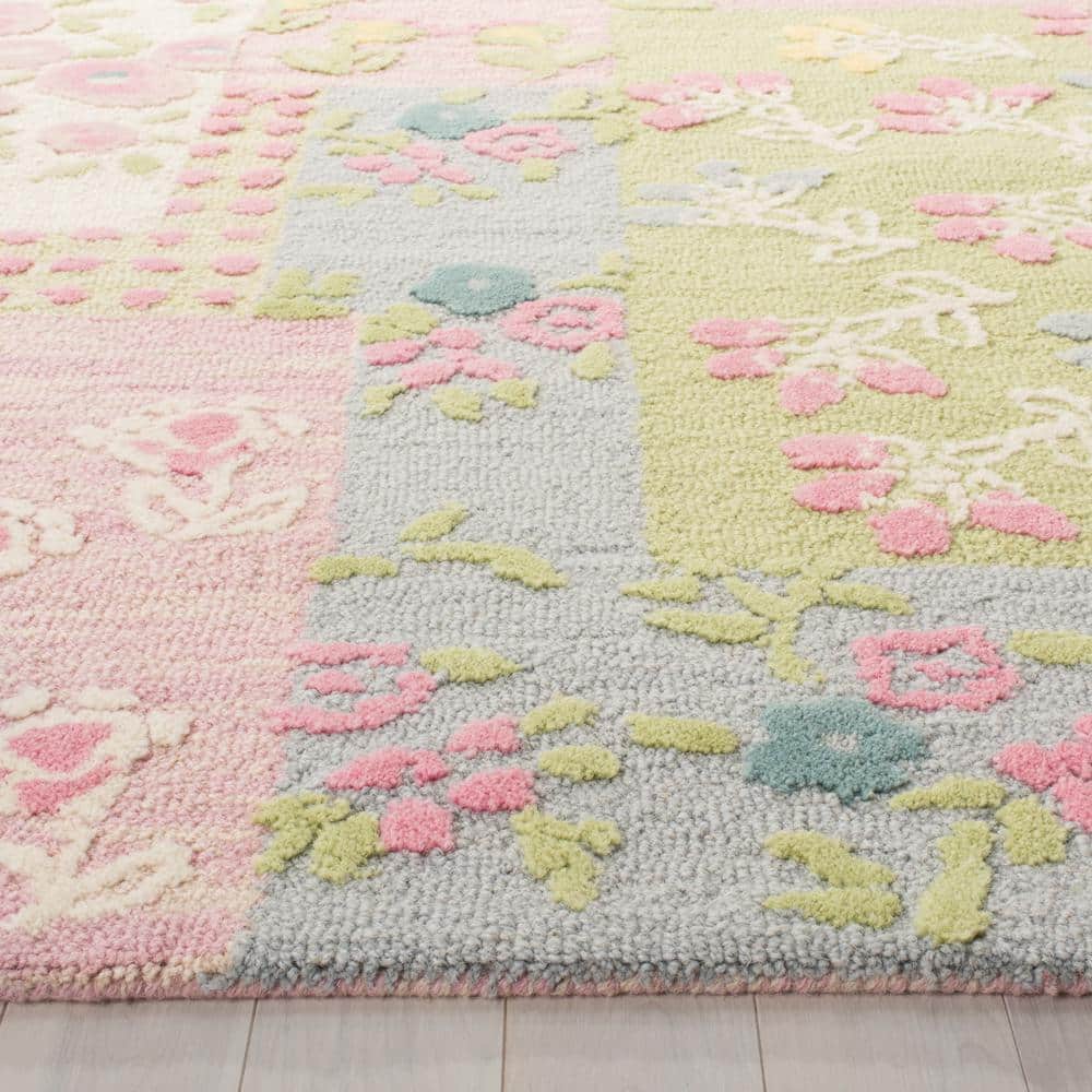 Handmade Pink and Multi Floral Wool Kids Rug, 7' x 7'