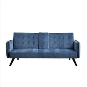 Cricklade 72 in. Prussian Blue Velvet 2-Seater Twin Sleeper Convertible Sofa Bed with Tapered Legs