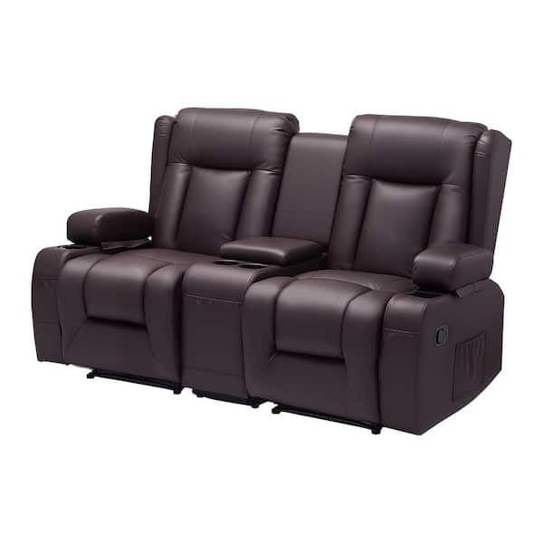 Loveseat Recliner Sofa, Manual Reclining Couch with Center Console, PU Faux Leather Recliner Sofa USB Ports Metal Black