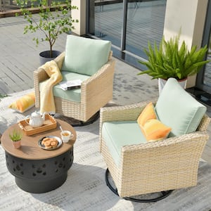Oconee 3-Piece Wicker Patio Conversation Swivel Rocking Chair Set with a Wood-burning Firepit and Light Green Cushions
