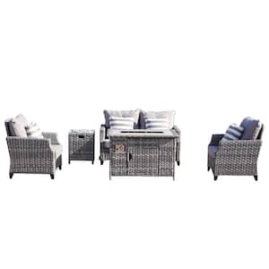 Maxwell 5-Piece Aluminum Wicker Outdoor Gas Fire Pit Conversation Set with Gray Cushions
