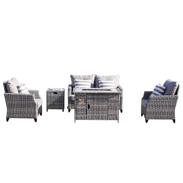 DIRECT WICKER Maxwell 5-Piece Aluminum Wicker Outdoor Gas Fire Pit Conversation Set with Gray Cushions