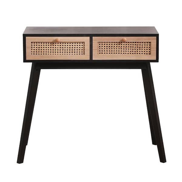 Unbranded 32 in. W x 12 in. D x 30 in. H Beige Linen Cabinet, Side Table with Two Real Rattan Drawers for Living Room