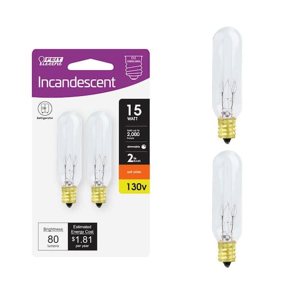 15-Watt T6 Dimmable Candelabra E12 Base Incandescent Appliance Light Bulb, Soft White 2700K (2-Pack)