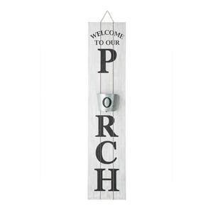 42 in. H Wooden Washed White Welcome to our PORCH Sign with Metal Planter