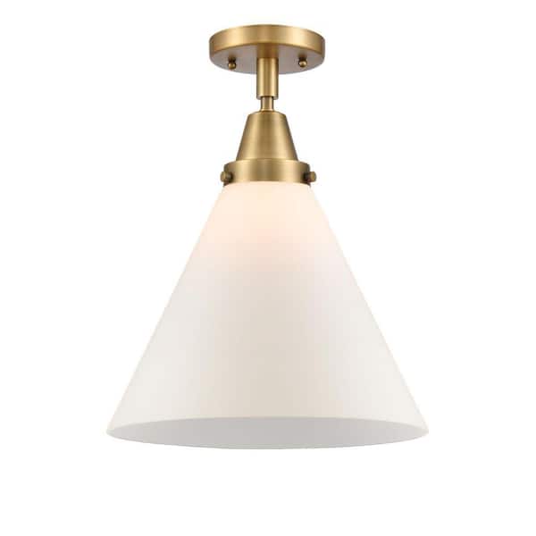 Cone 12 in. 1-Light Brushed Brass Industrial Flush Mount with Seeded Glass Shade