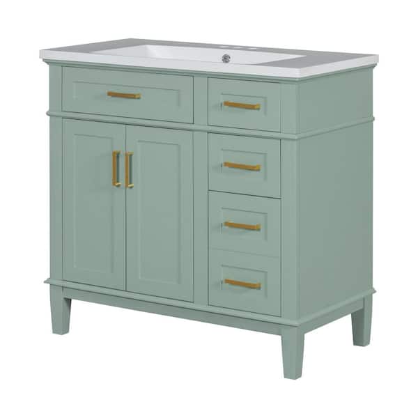 Zeus & Ruta 36 in. W x 18 in. D x 35 in. H Single Sink Bath Vanity in Green with White Resin Top and 4-Drawers