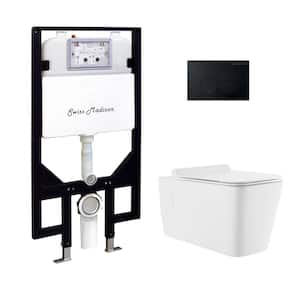 Concorde Wall-Hung Toilet, Square, 3-Piece Bundle 0.8/1.6 GPF Dual Flush in Glossy White with Black Flush Plate