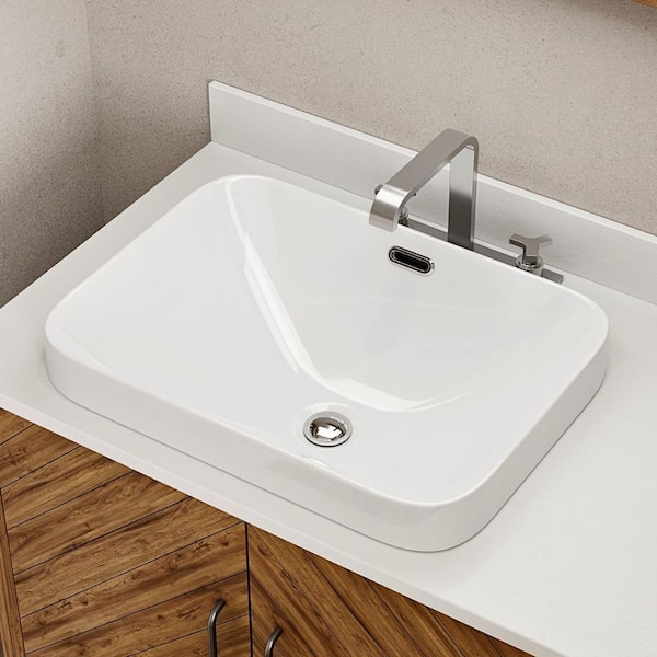 Semi Recessed Rectangular Bathroom Sink 18 in. x 13 in. White Ceramic Vessel Sink with Overflow for Small Vanities