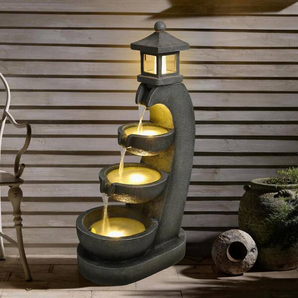 35 Inch Outdoor Water Fountain with Lights 3 Tier Bowl Cascading