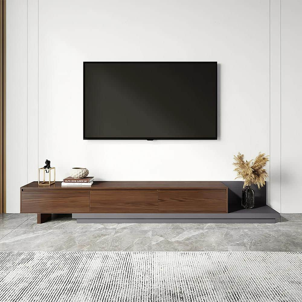 THE RIGHT PATH 118 in. Modern Walnut Veneer Retractable TV Stand Extendable  Media Console with 3 Drawers oleyDSG#RR - The Home Depot