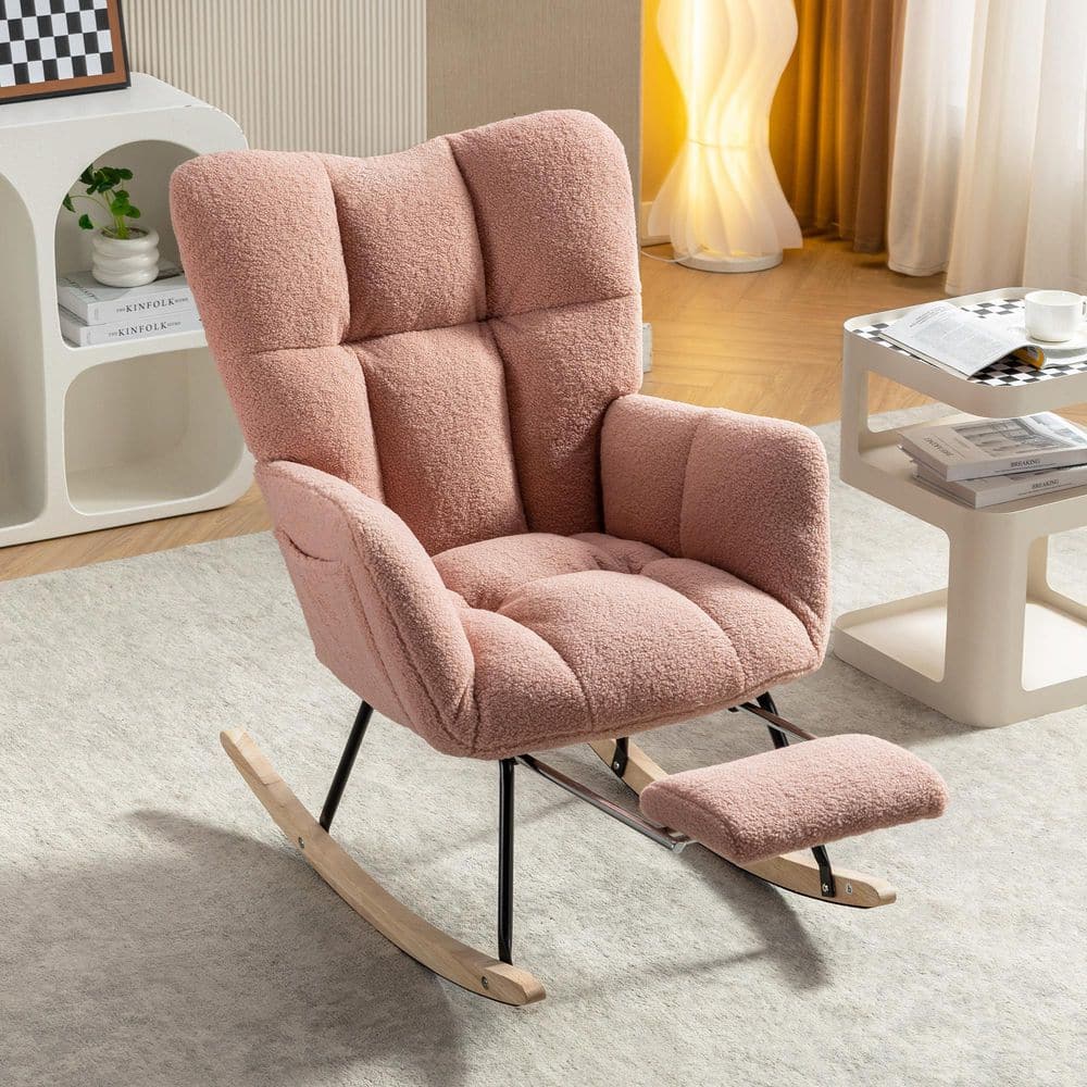 Seafuloy 26 in. W Pink Teddy Fabric Rocking Chair with Adjustable