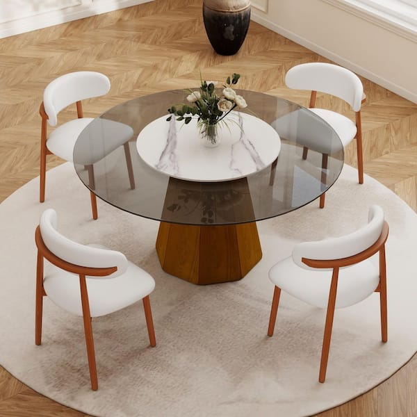 Set of 4, Upholstered Faux Leather Dining Chair with Wood Legs in Walnut