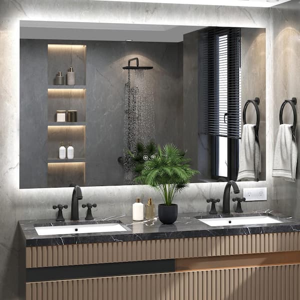 grossag 60 in. W x 28 in. H Rectangular Frameless Backlit Wall Mounted Dimmable Anti-Fog Bathroom Vanity Mirror in Sliver