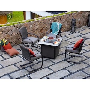 5-Piece Steel Patio Fire Pit Conversation Set with Grey Removeable Cushions and 32 in Square Gas Fire Table