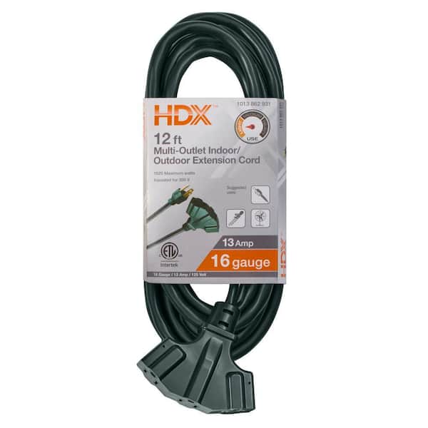 12 ft. 16/3 Light Duty Indoor/Outdoor Extension Cord with Multiple Outlet Triple Tap End, Green