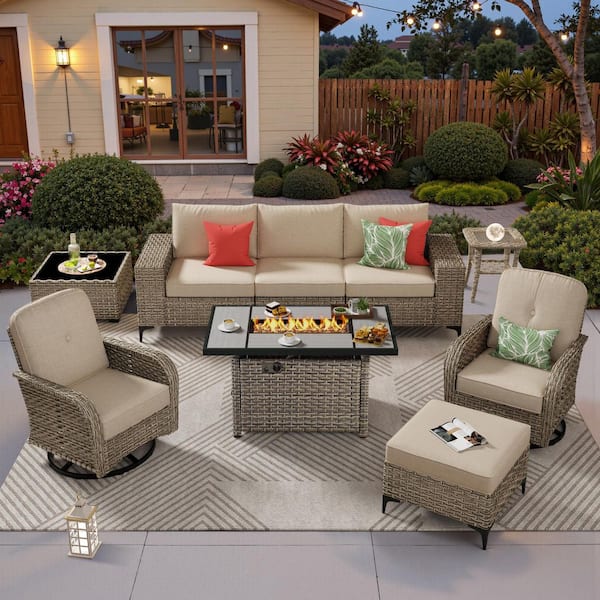 Epiphany 9 Pieces Wicker Outdoor Patio 42 in. Rectangular Fire Pit Set and Swivel Rocking Chairs with Beige Cushions