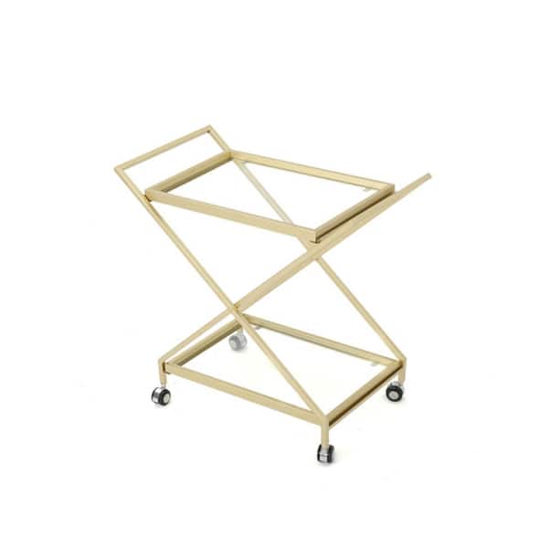 ITOPFOX Outdoor Patio Metal Bar Serving Cart with Transluscent Tempered Glass Shelves and Wheels in Gold