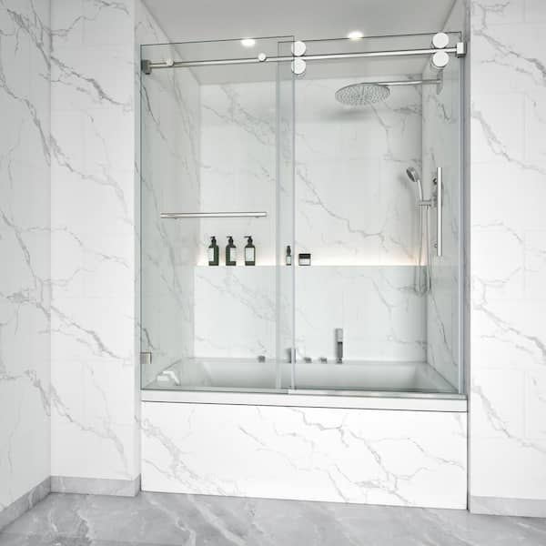MOHALEN 56-60.5 in. W x 66 in. H Single Sliding Frameless Tub Door in Chrome with 3/8 in. Clear Tempered Glass