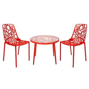 Devon 3-Piece Aluminum Outdoor Dining Set with Round Table with Glass Top and 2 Stackable Chairs in Red