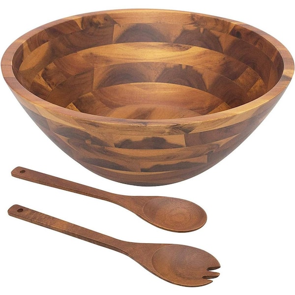 12.5 in. Salad Bowl with Serving Utensils for Fruits and Salad, Acacia Wooden Salad Bowl, Wide-Mouth and Large Capacity