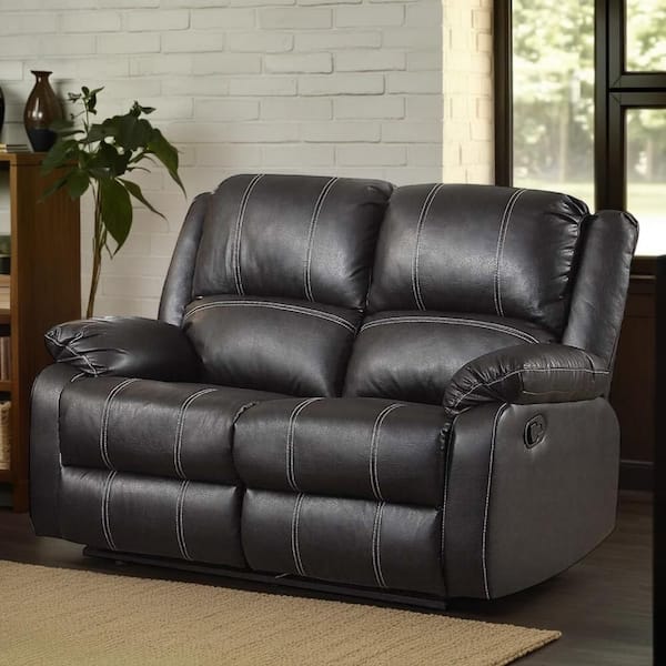 Zuru Black Faux Leather Glider Recliner Manual Loveseat with Pillow Top
