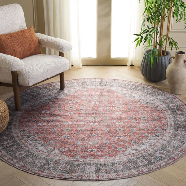 Arizona 6 ft. x 6 ft. Rust/Olive Machine Washable Distressed Ornate Border Round Area Rug