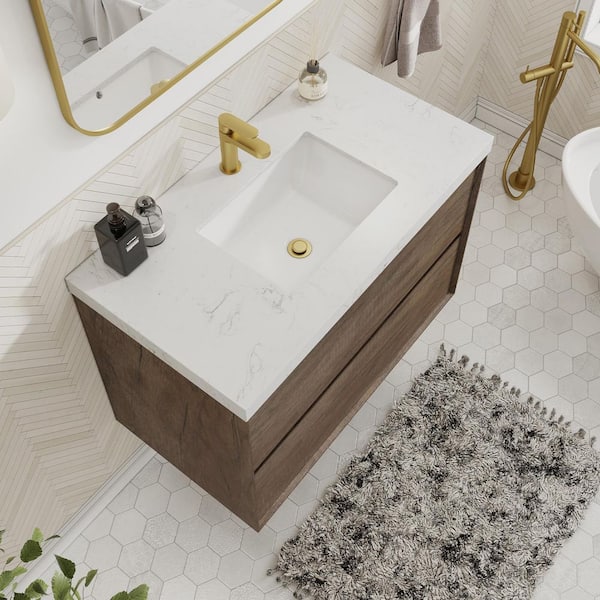 Aeroline 36in. W x 19.29in. D x 25.59in. H Single Sink Float Antique Oak Bath Vanity with Sar White Engineered Stone Top