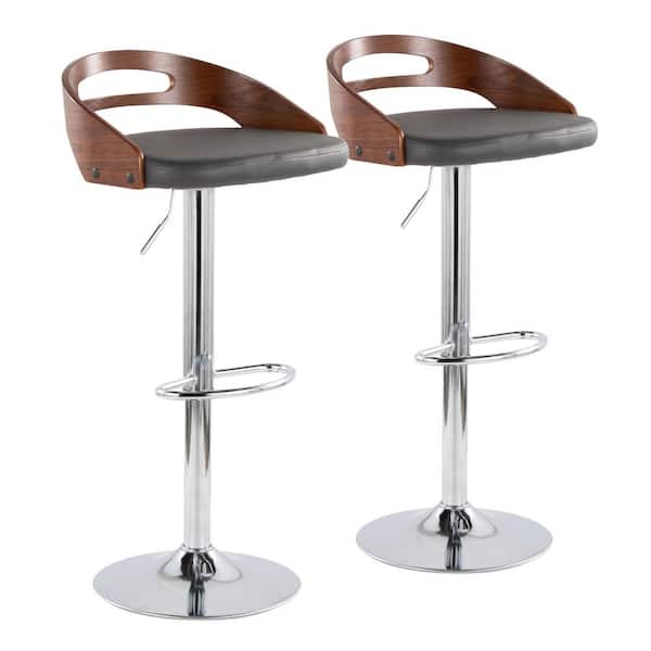 Cassis 38.25" H Grey Faux Leather, Walnut Wood & Chrome Metal Adjustable Bar Stool with Oval Footrest (Set of 2)