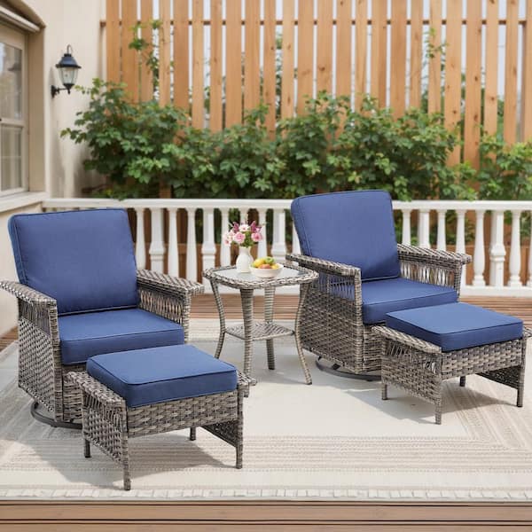 Buenaola Nyajiah 5-Piece Swivel Wicker Outdoor Lounge Chair Patio Rocking Chair Set with Blue Cushions
