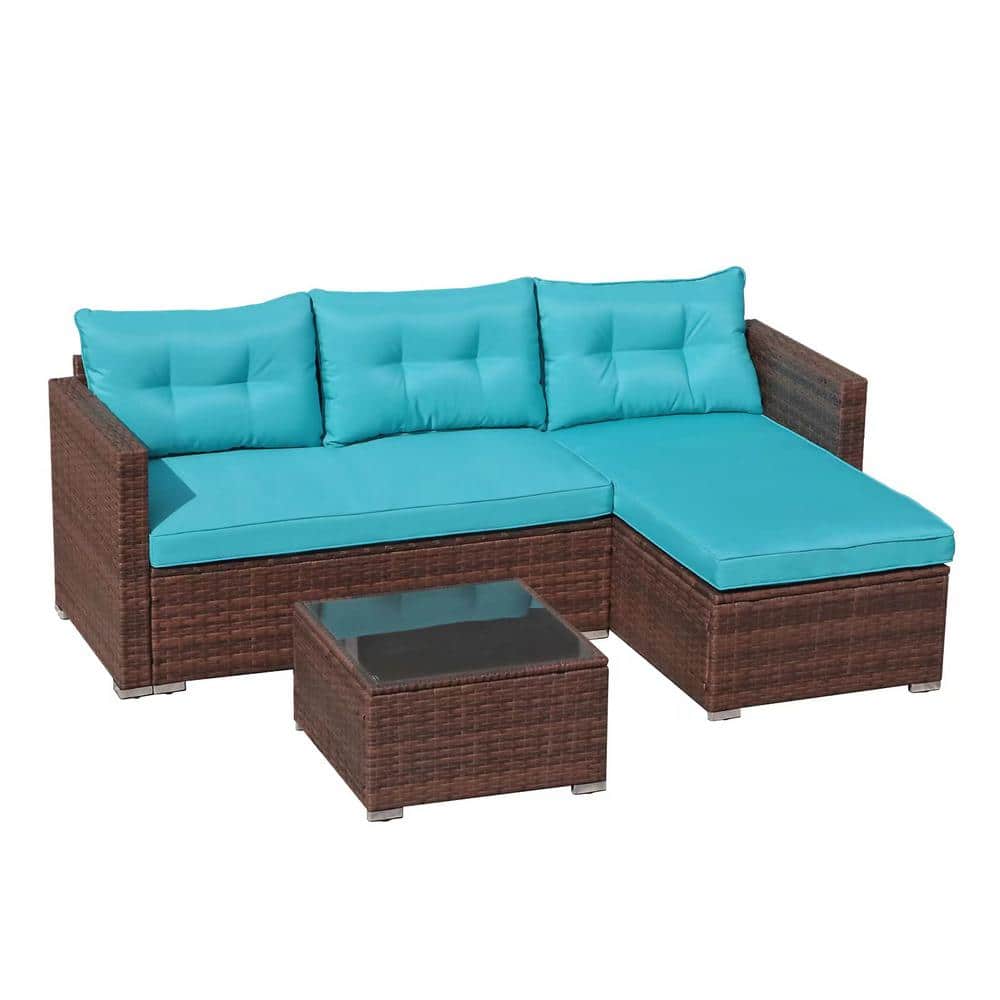 3-Piece Wicker Brown Outdoor Patio Conversation Set with Blue Cushion