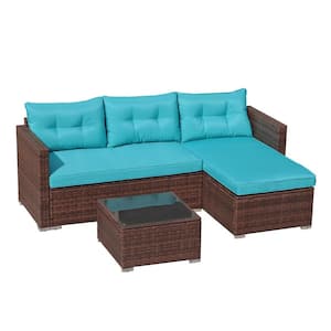 Joivi Brown 3-Pieces Wicker Outdoor Sectional Set with Turquoise Cushions