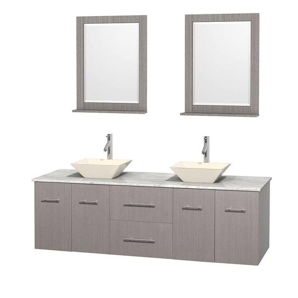 Wyndham Collection Centra 72 in. Double Vanity in Gray Oak with Marble Vanity Top in Carrara White, Bone Porcelain Sinks and 24 in. Mirror