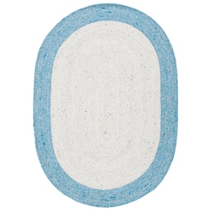 Braided Ivory/Blue 4 ft. x 6 ft. Border Solid Color Oval Area Rug