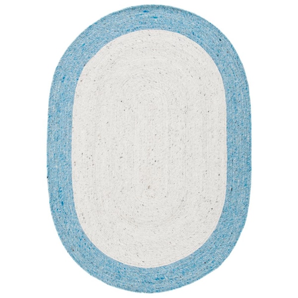 Braided 5 ft. x 7 ft. Oval Ivory/Blue Distressed Solid Border Area Rug