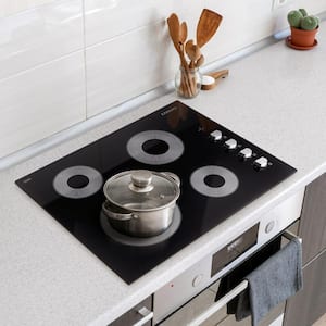 24 in. Smooth Top Electric Ceramic Glass Cooktop in Black with 4 Elements, Dual Zone Heating and Control Knobs