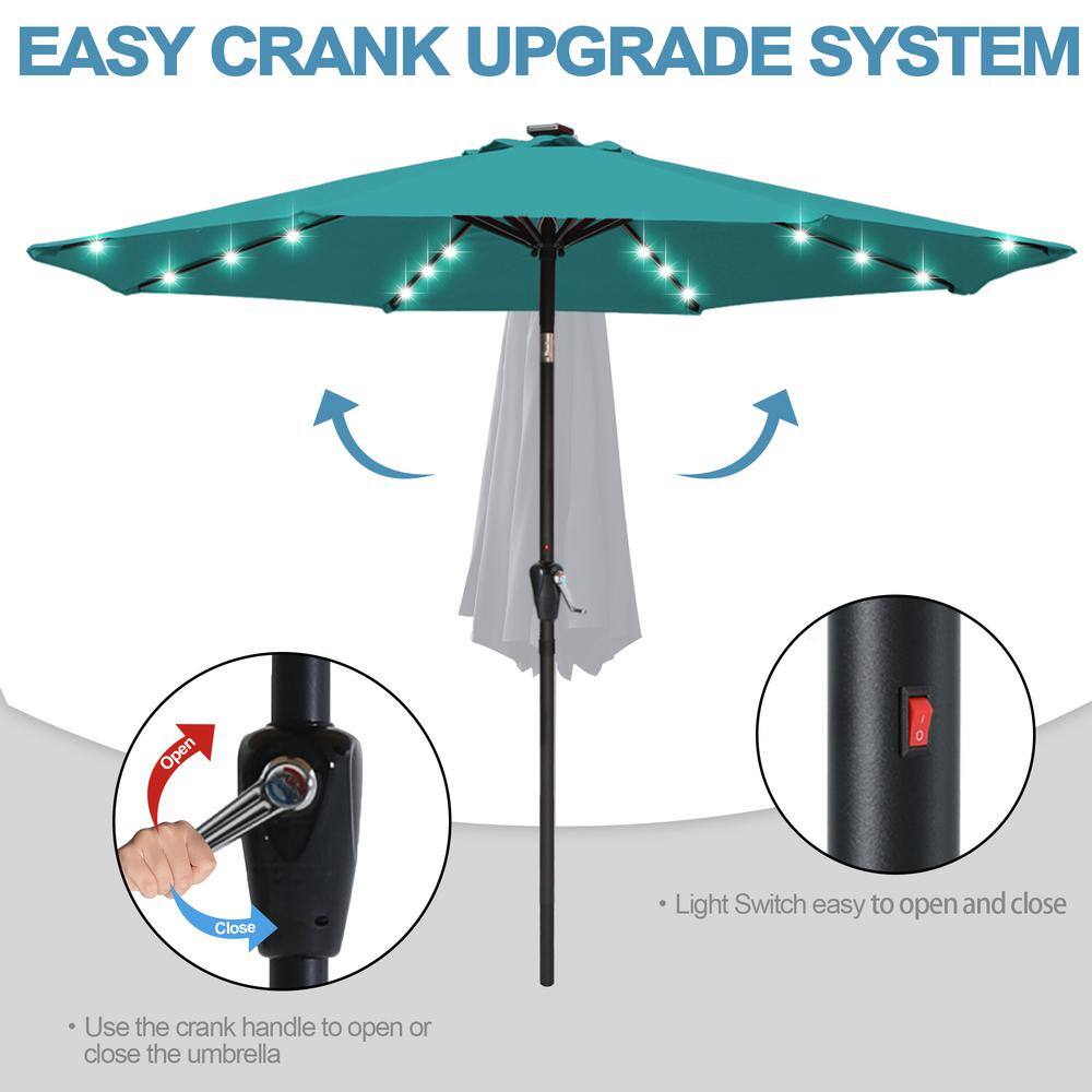 9FT Turquoise Solar LED Patio Umbrella with Tilt and Crank