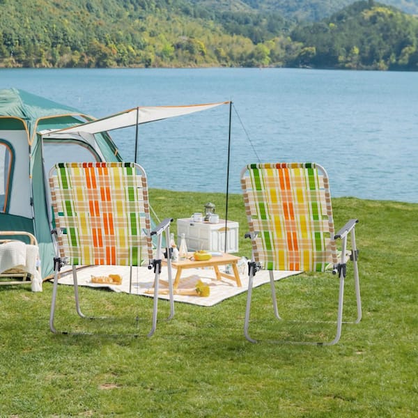 Yellow and Green Patio Steel Folding Beach Chair (Set of 2)