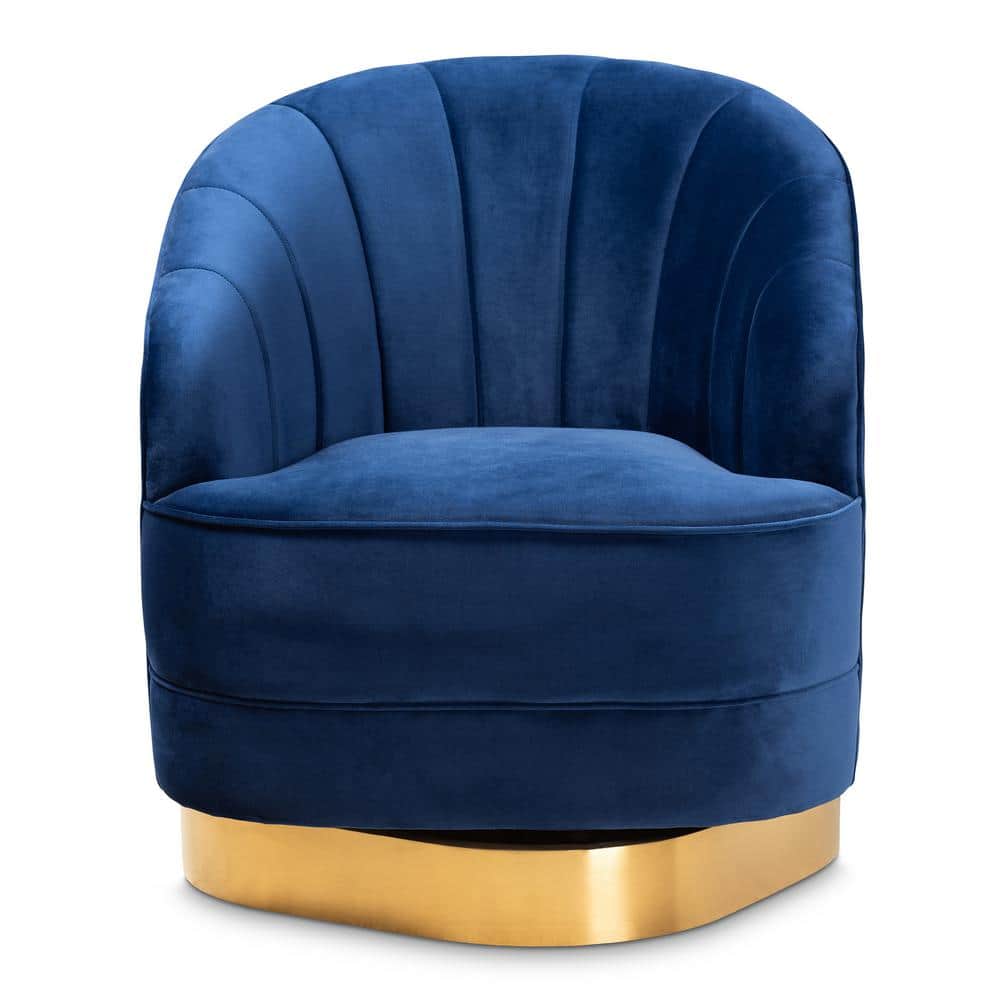 Royal Blue Velvet Barrel Swivel Accent Chair with Brushed Gold Base