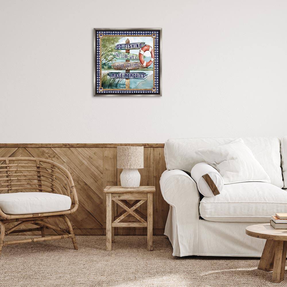 Plaid Border Lake Sign by Nicole DeCamp Gray Floater Frame Nature Graphic Art Print 25 in. x 25 in. price history on PriceWatchPro