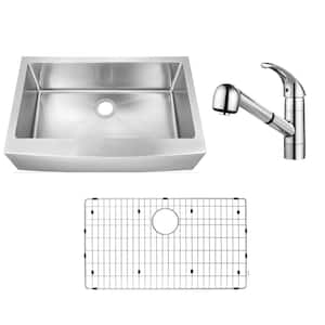 33 in. Farmhouse Apron Front Undermount Single Bowl 16 Gauge Stainless Steel Kitchen Sink with Pull-Out Chrome Faucet