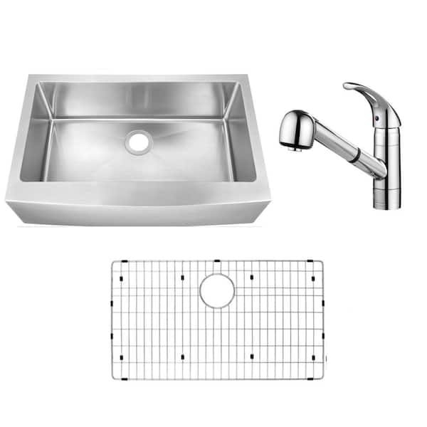 33 in. Farmhouse Apron Front Undermount Single Bowl 16 Gauge Stainless Steel Kitchen Sink with Pull-Out Chrome Faucet